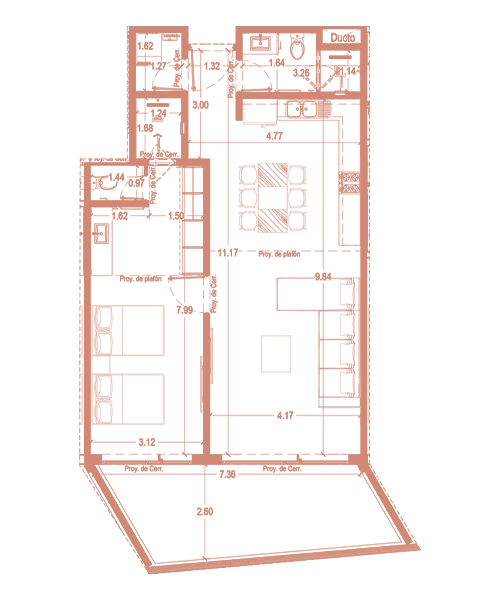 Plano del Tipo C de Sole BLU: 1 recámara y 2 baños completos, desde 90.02 m²